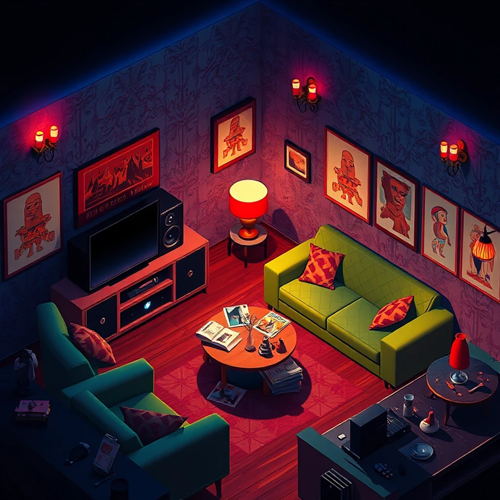 Image A of the puzzle: 1960s groovy living room with psychedelic prints on walls