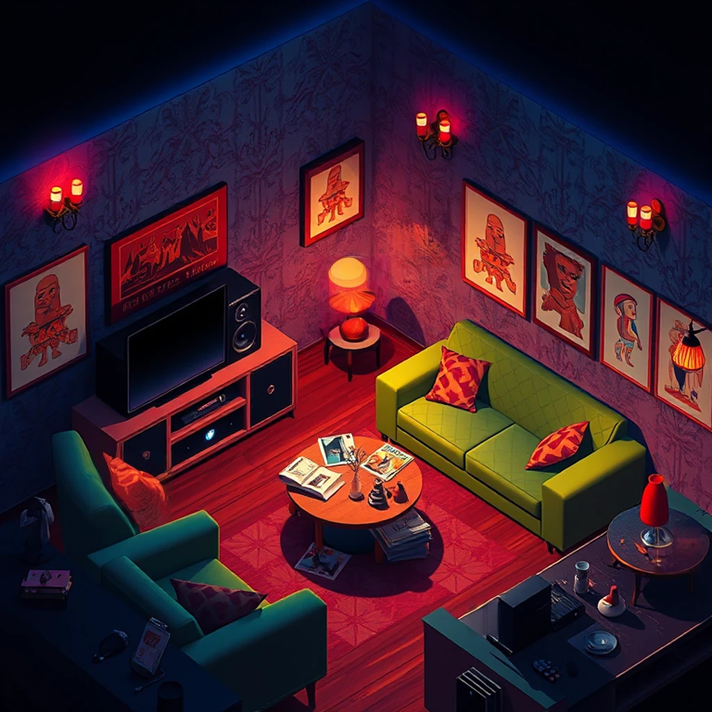 Image B of the puzzle: 1960s groovy living room with psychedelic prints on walls