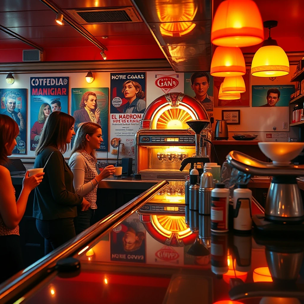 Image A of the puzzle: 1960s Italian espresso bar with chrome counter and standing patrons