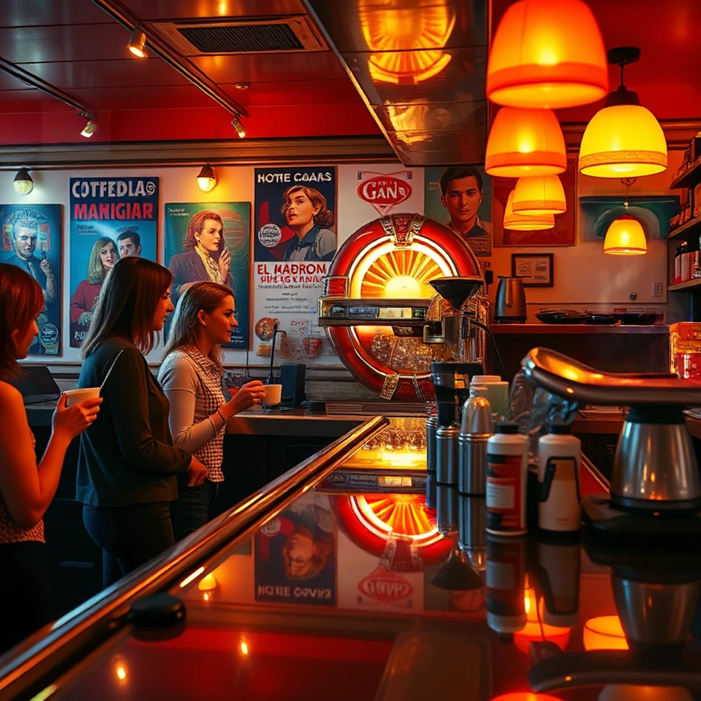 Image B of the puzzle: 1960s Italian espresso bar with chrome counter and standing patrons