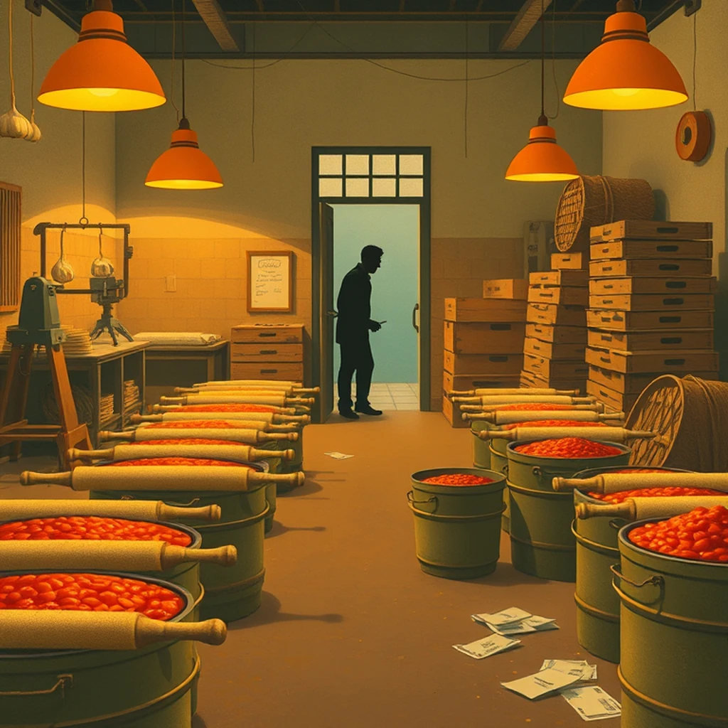 Image A of the puzzle: 1960s italian pasta factory floor with rolling pins and tomato sauce