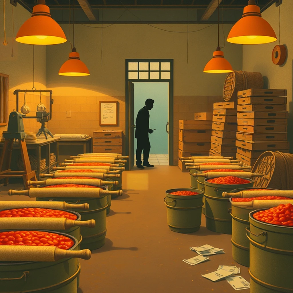 Image B of the puzzle: 1960s italian pasta factory floor with rolling pins and tomato sauce