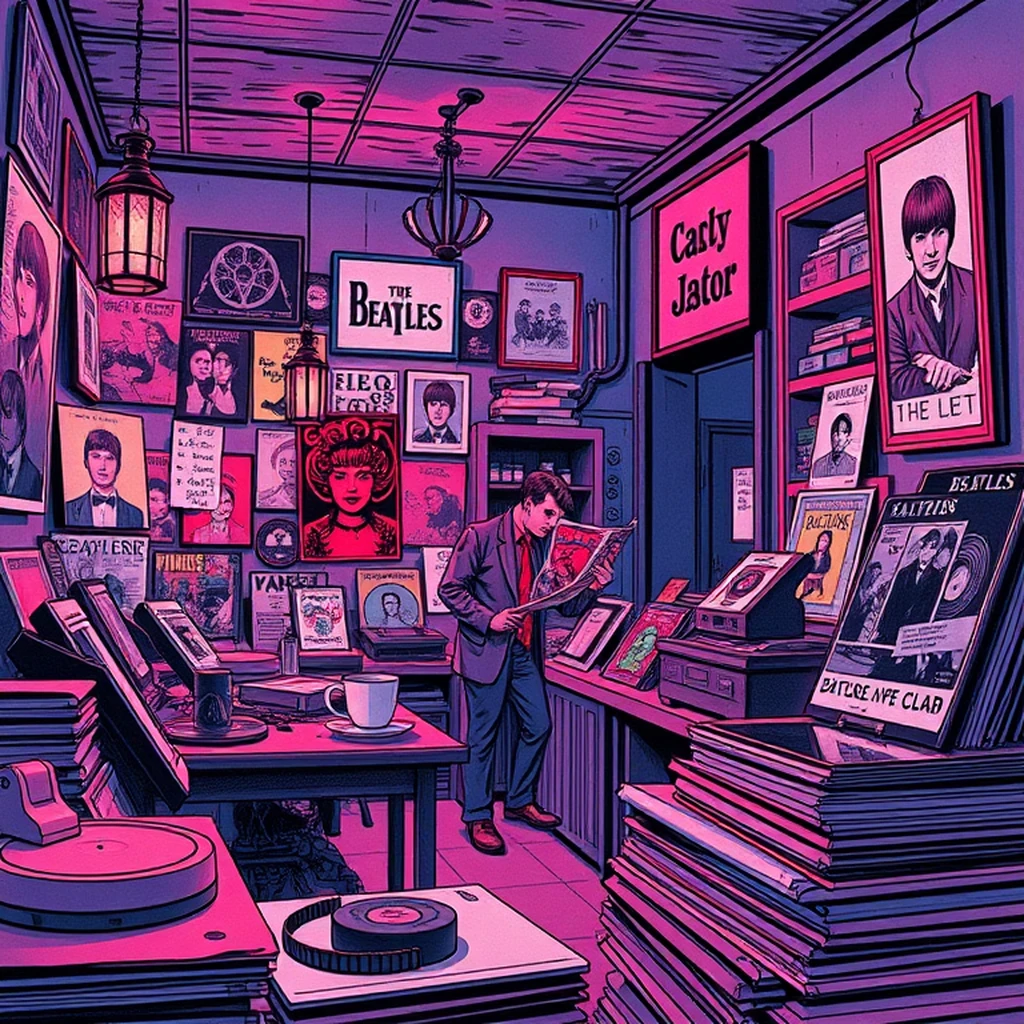 Image A of the puzzle: 1960s london record store with psychedelic posters and turntables