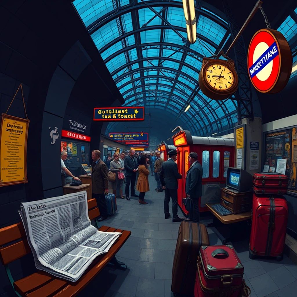 Image A of the puzzle: 1960s london tube platform during morning rush hour