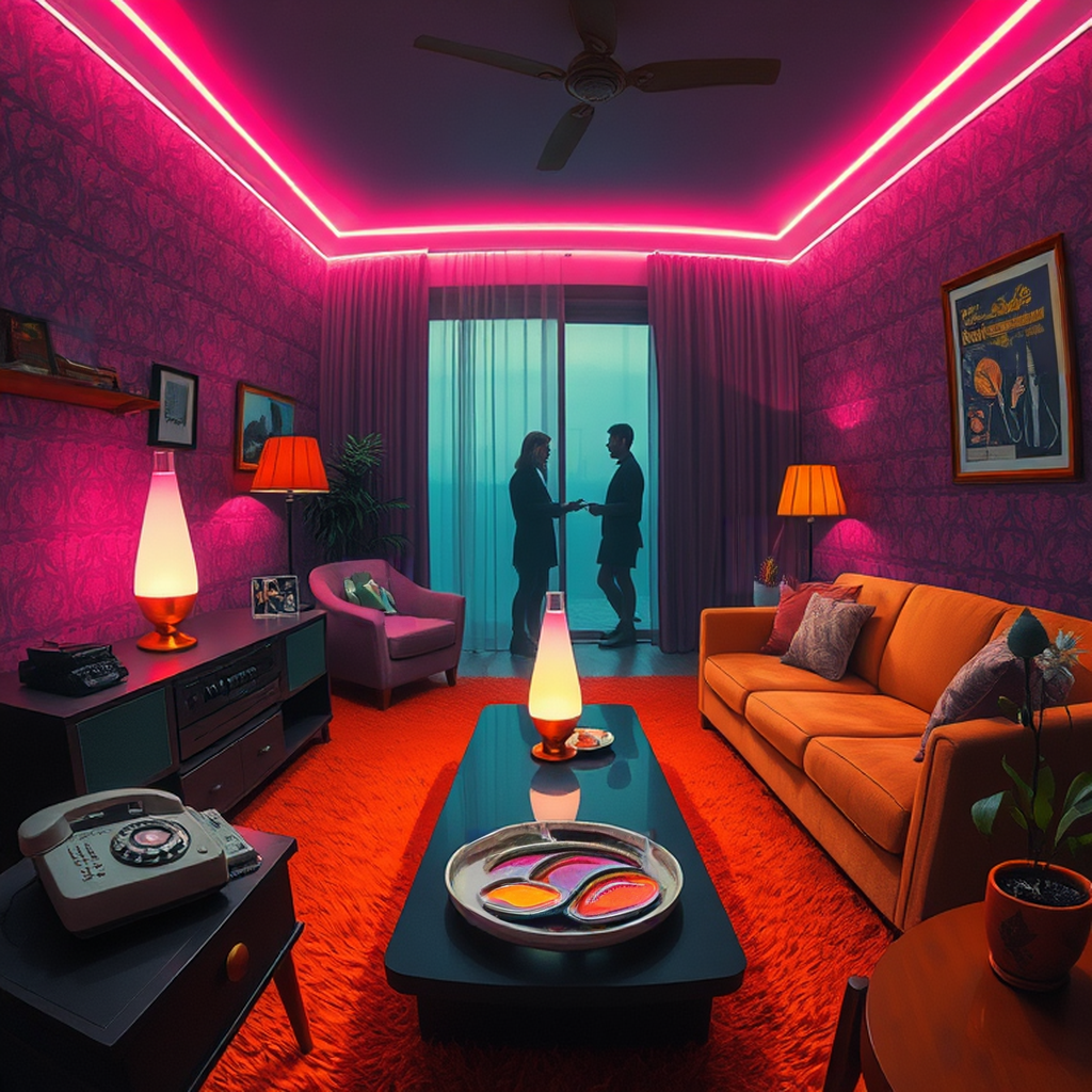 Image B of the puzzle: 1960s mod living room with orange shag carpet and lava lamps
