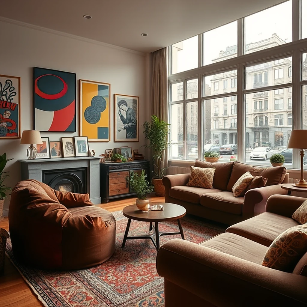 Image B of the puzzle: 1960s Mod London apartment living room with op art posters and beanbag chairs