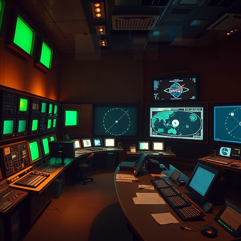 Image A of the puzzle: 1960s NASA mission control room with CRT monitors