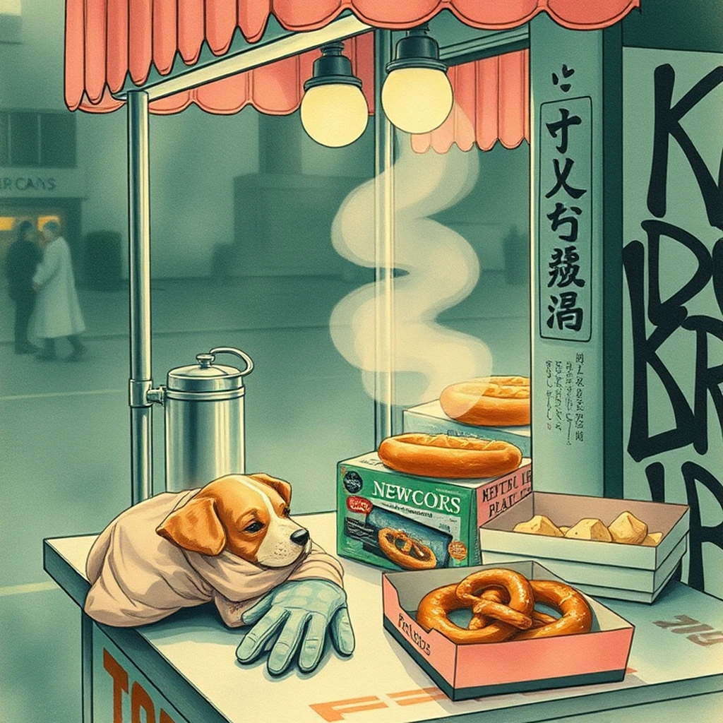 Image A of the puzzle: 1960s new york city street vendor cart with hot dogs and pretzels