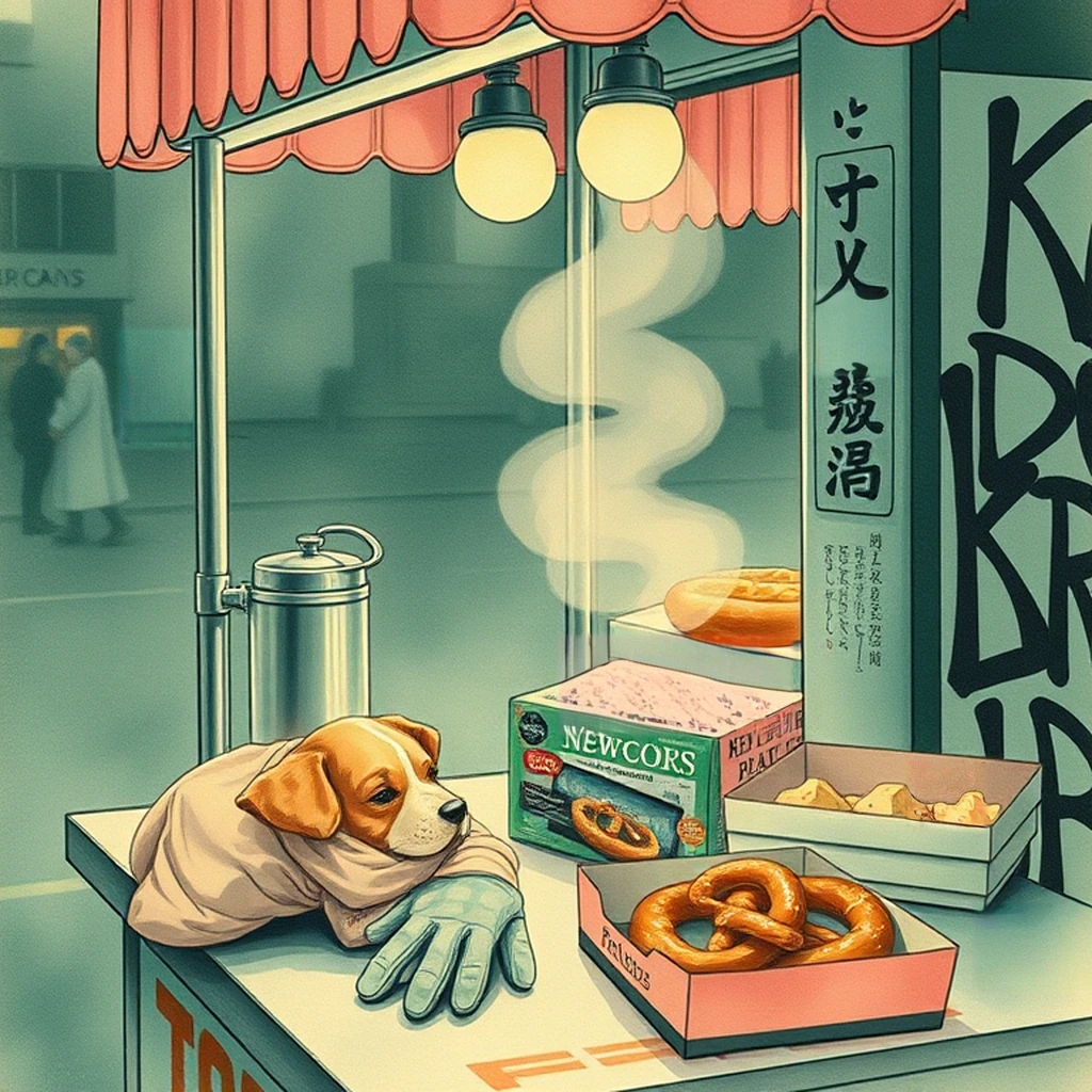 Image B of the puzzle: 1960s new york city street vendor cart with hot dogs and pretzels