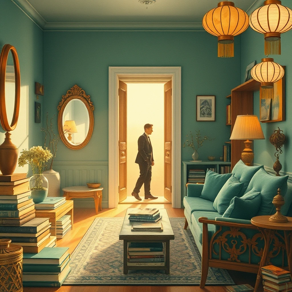 Image A of the puzzle: 1960s scandinavian hygge-style living room with soft lighting and books