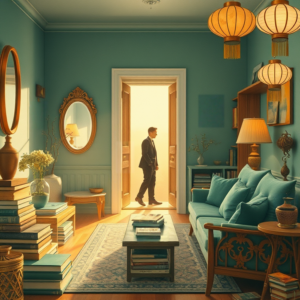 Image B of the puzzle: 1960s scandinavian hygge-style living room with soft lighting and books