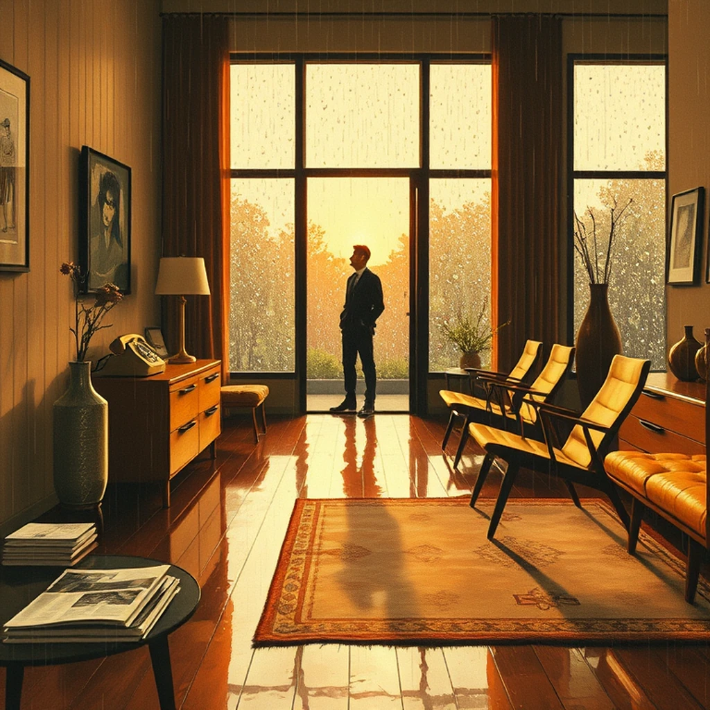 Image A of the puzzle: 1960s scandinavian interior design showroom with minimalist furniture and rugs