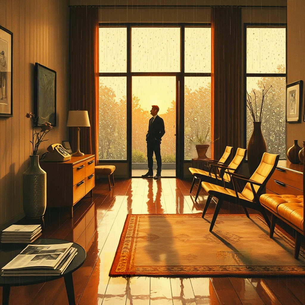 Image B of the puzzle: 1960s scandinavian interior design showroom with minimalist furniture and rugs
