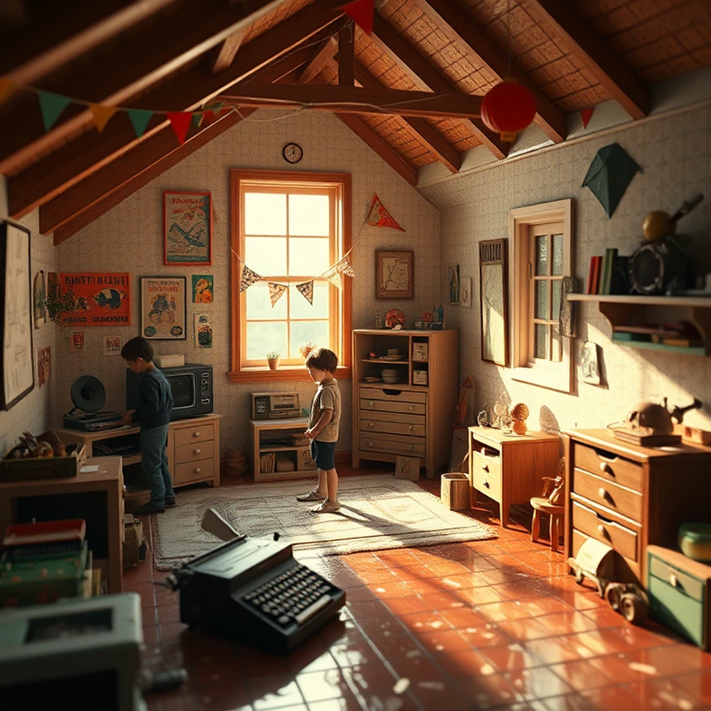 Image A of the puzzle: 1960s sunlit attic playroom with old toys and games
