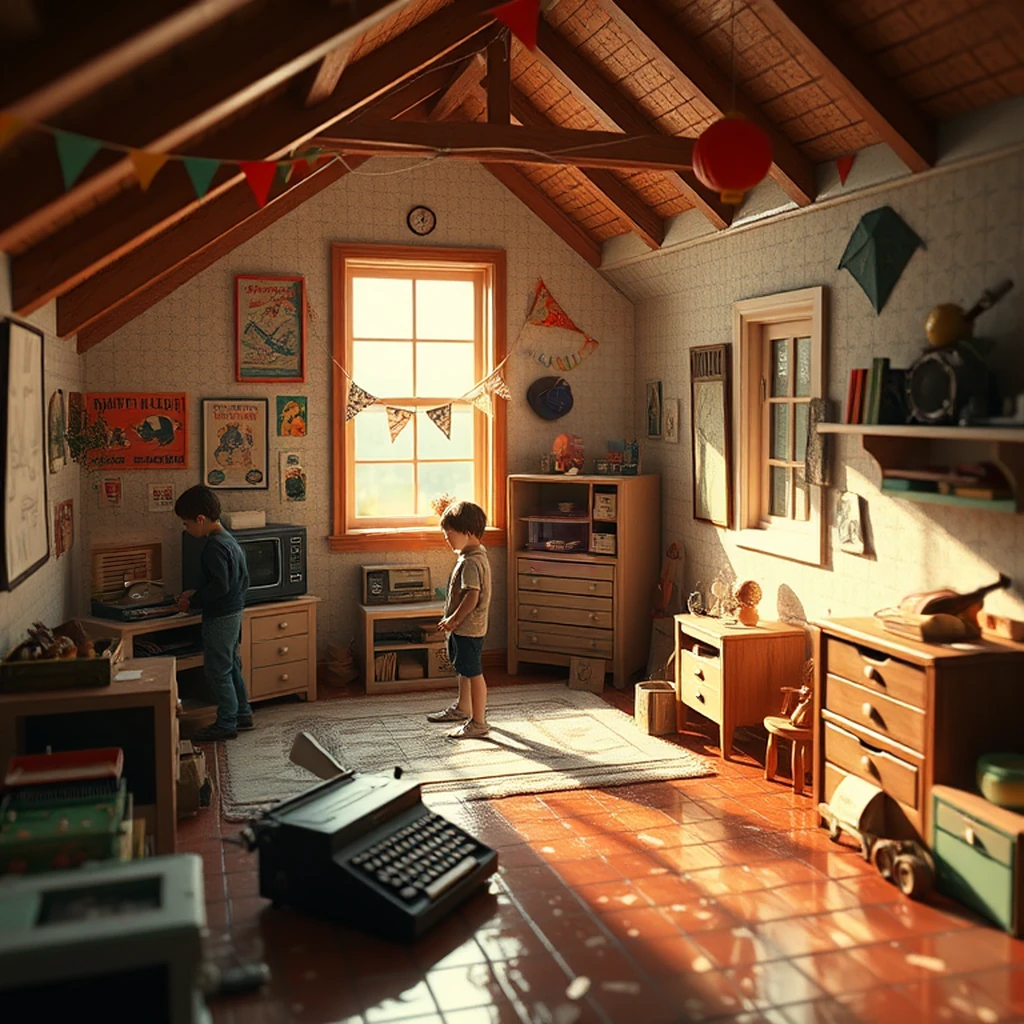 Image B of the puzzle: 1960s sunlit attic playroom with old toys and games