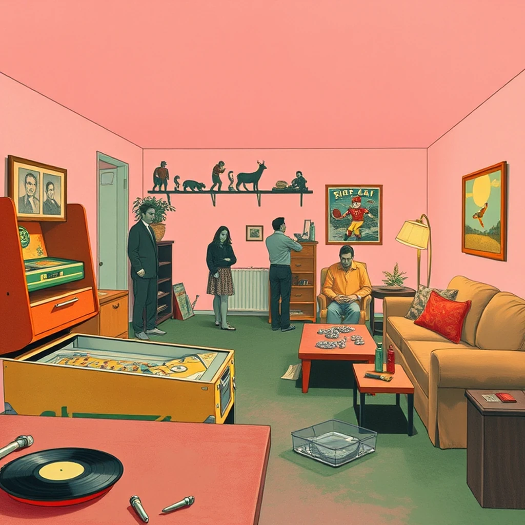 Image A of the puzzle: 1970s american suburban home basement rec room with pinball machine