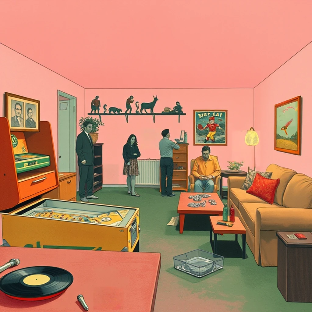 Image B of the puzzle: 1970s american suburban home basement rec room with pinball machine
