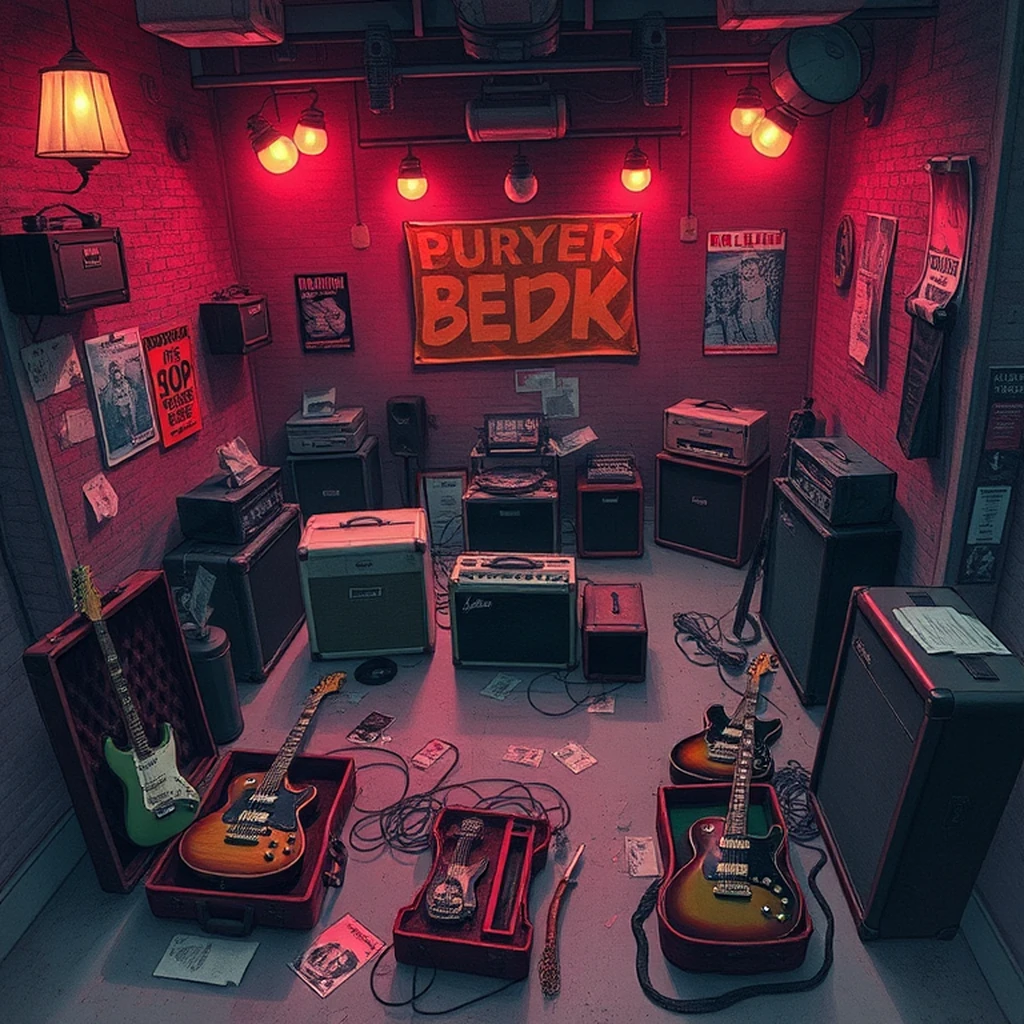 Image A of the puzzle: 1970s berlin punk rock club backstage with band equipment