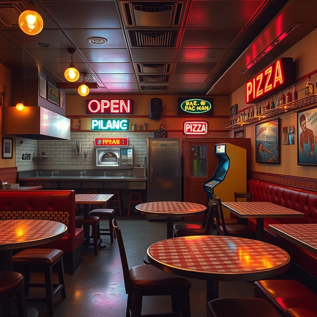 Image A of the puzzle: 1970s Brooklyn pizzeria with checkered tablecloths and Pac Man arcade machine