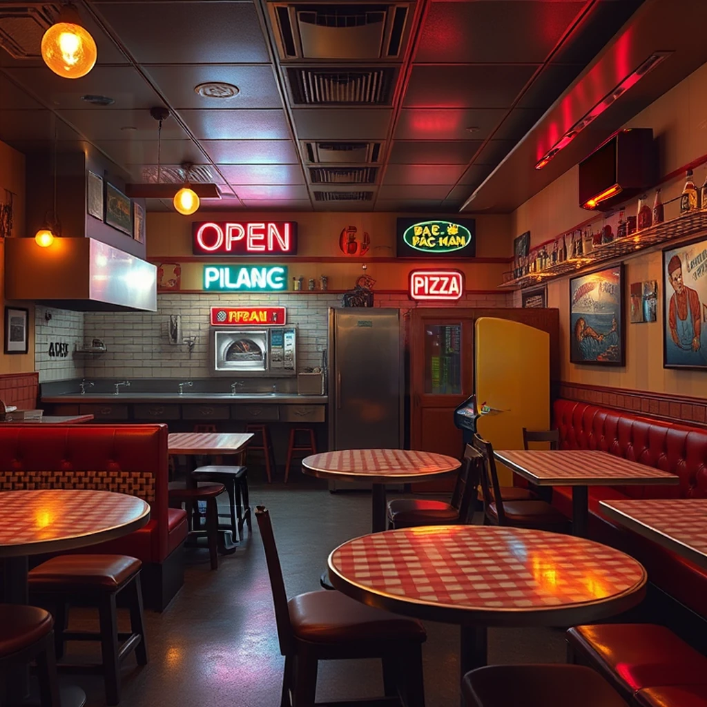 Image B of the puzzle: 1970s Brooklyn pizzeria with checkered tablecloths and Pac Man arcade machine