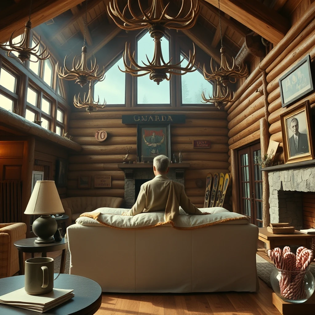 Image A of the puzzle: 1970s canadian ski lodge lobby with antler chandeliers