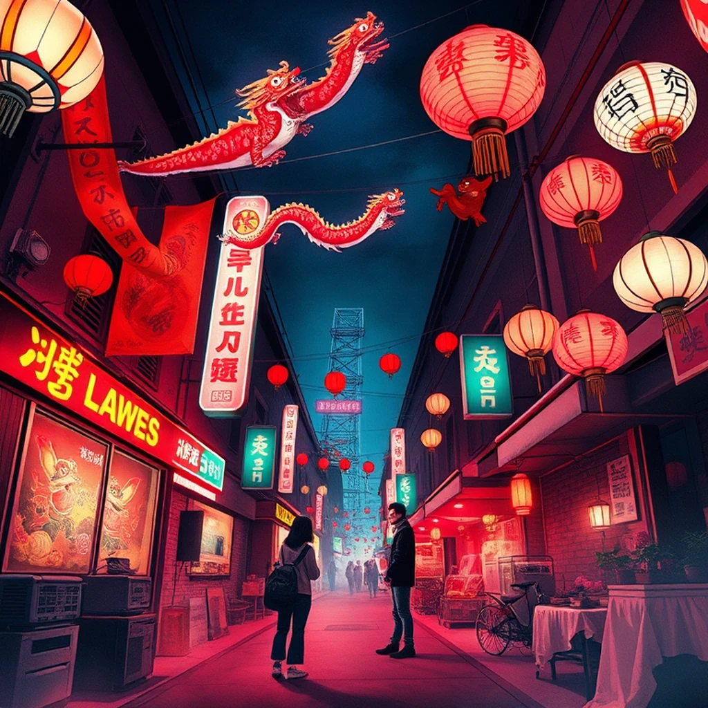 Image A of the puzzle: 1970s chinese lantern festival street with paper dragons and red banners
