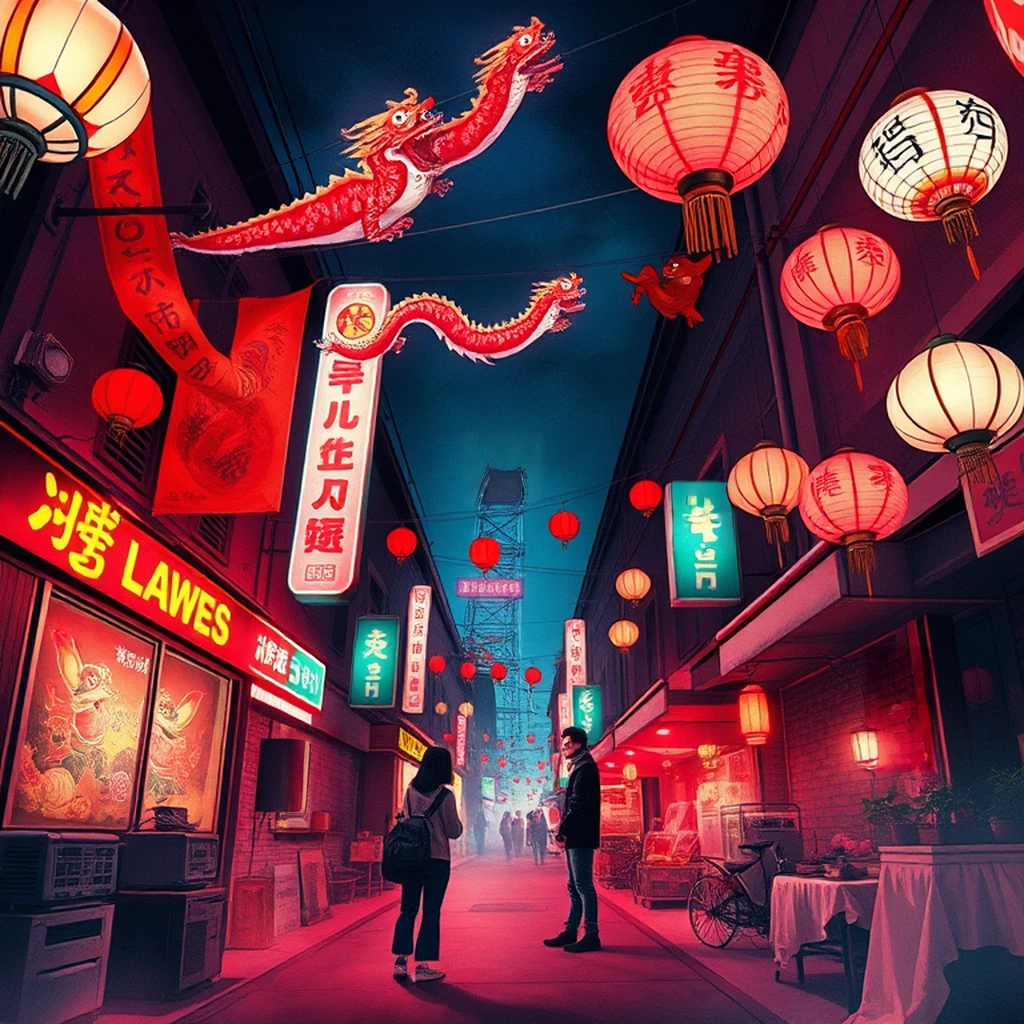 Image B of the puzzle: 1970s chinese lantern festival street with paper dragons and red banners