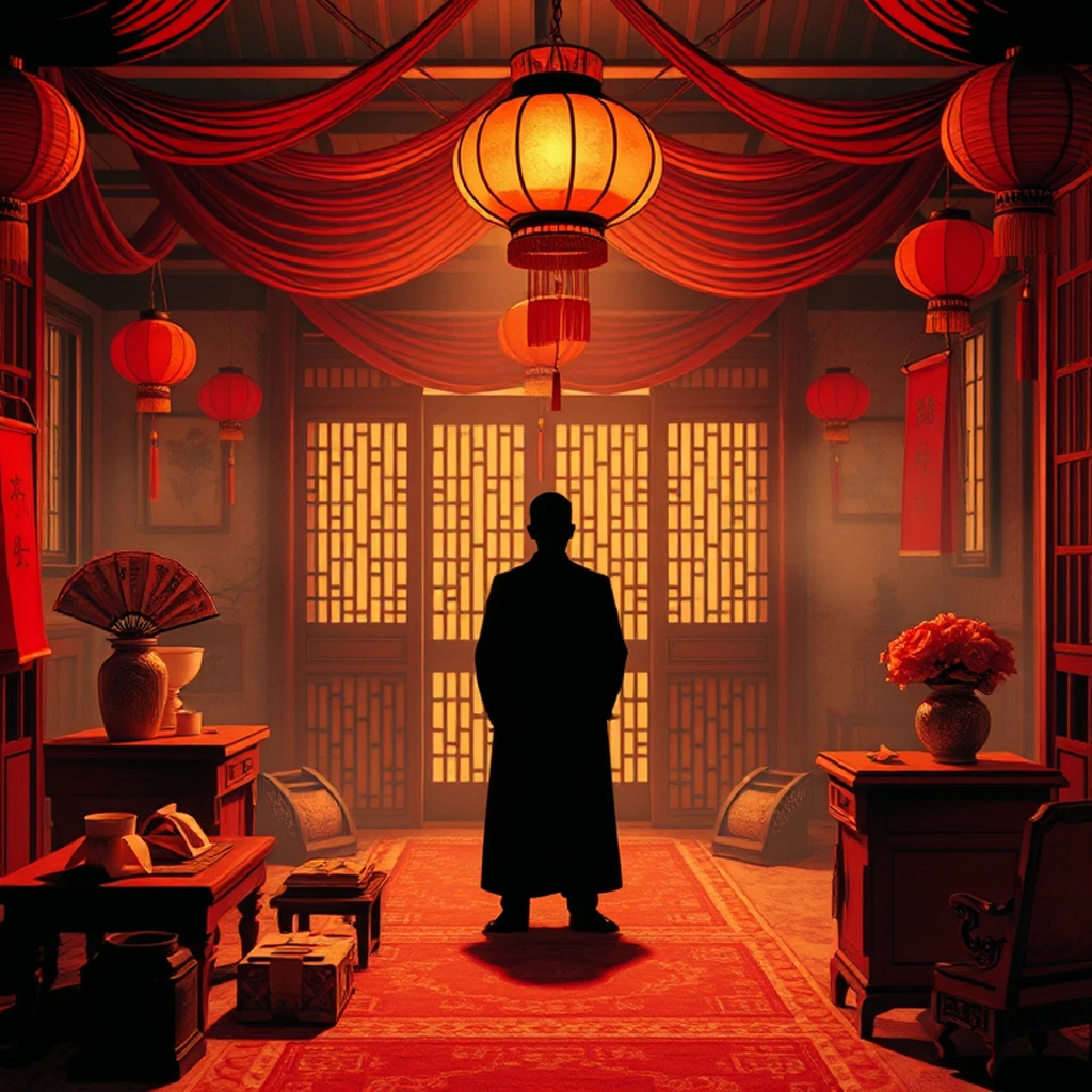 Image A of the puzzle: 1970s chinese traditional wedding ceremony setup with red decorations