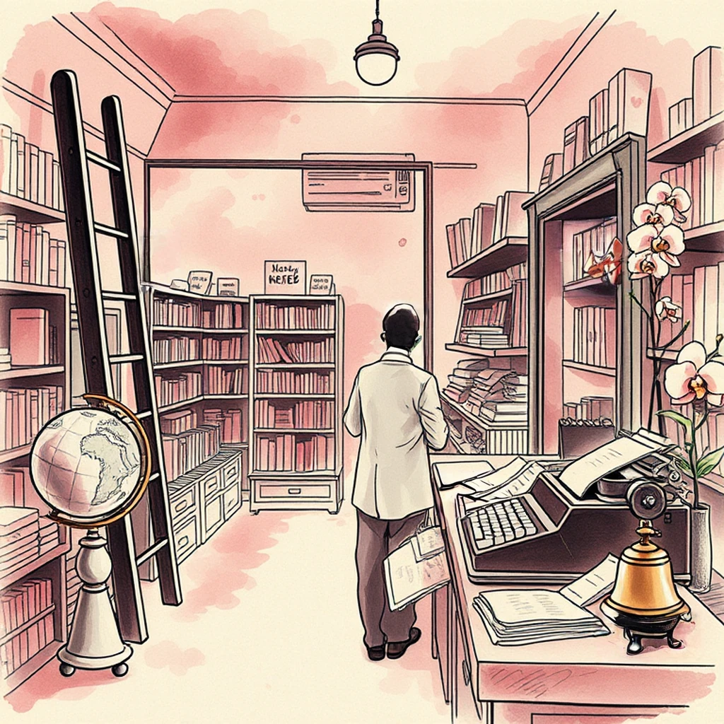 Image B of the puzzle: 1970s cozy neighborhood bookstore with rolling ladder
