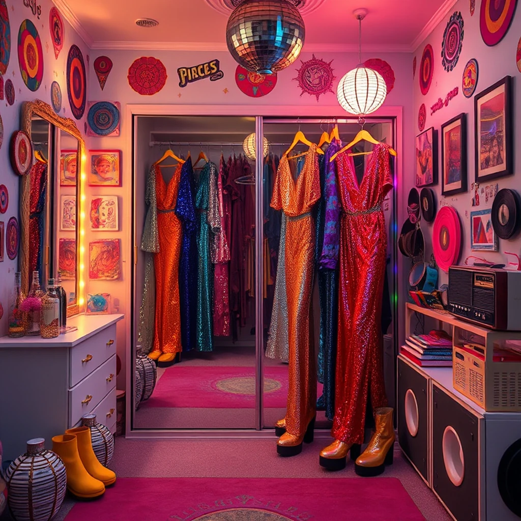 Image A of the puzzle: 1970s disco wardrobe room with sequined jumpsuits and platform boots