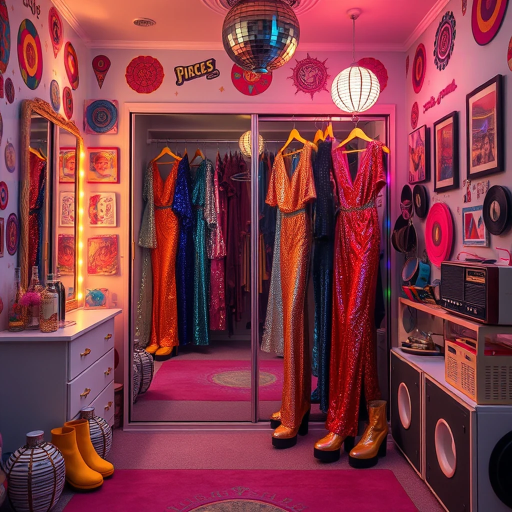 Image B of the puzzle: 1970s disco wardrobe room with sequined jumpsuits and platform boots