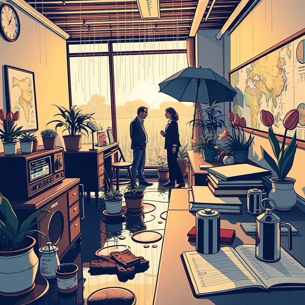 Image A of the puzzle: 1970s dutch tulip farm office with potted plants and maps
