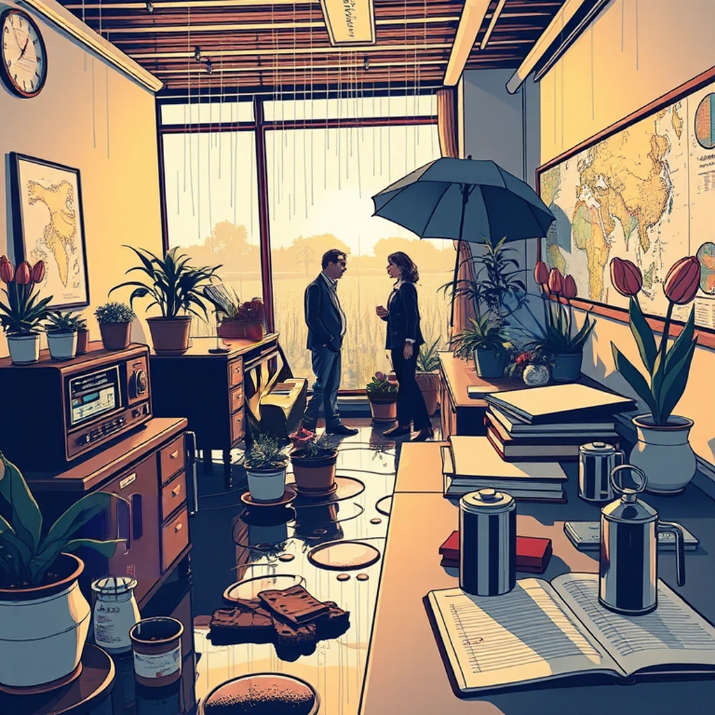 Image B of the puzzle: 1970s dutch tulip farm office with potted plants and maps