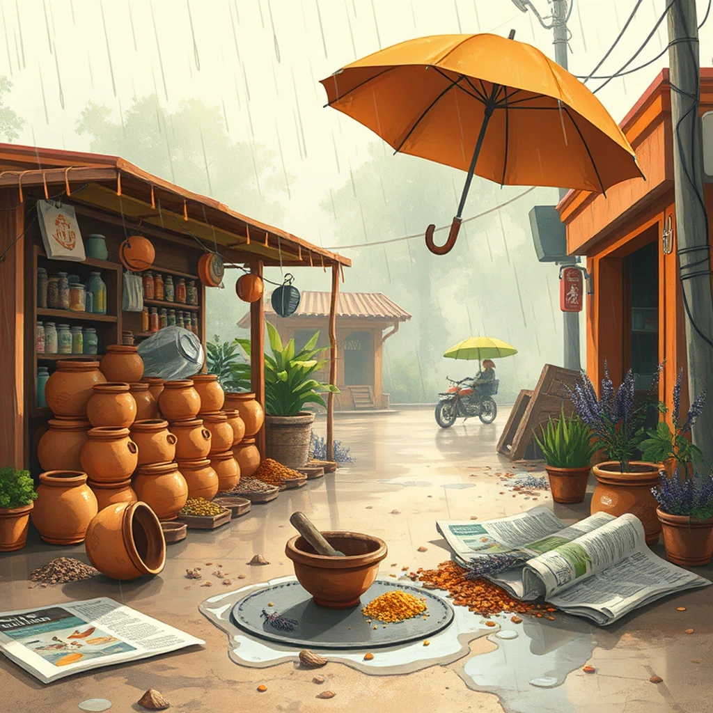 Image A of the puzzle: 1970s indian tea stall on the street with clay pots and spices