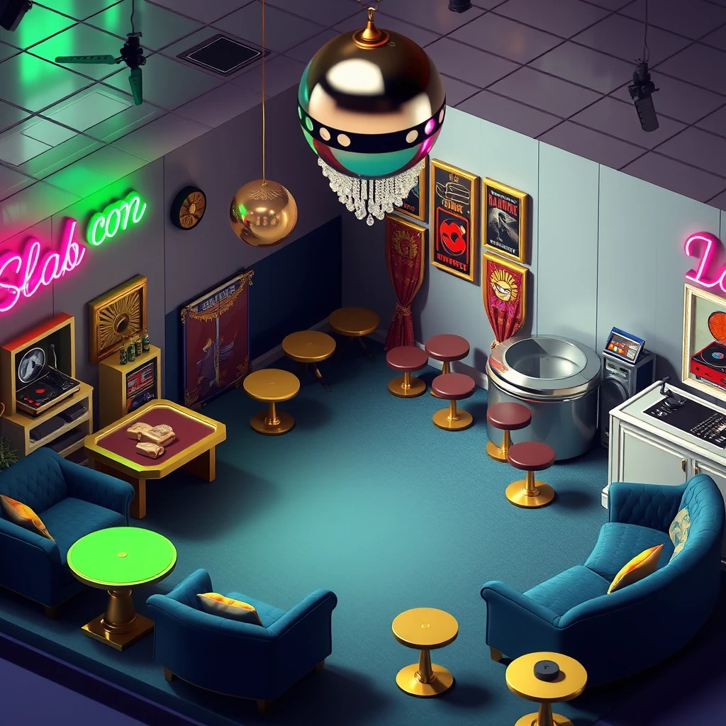 Image A of the puzzle: 1970s italian disco club with mirrored ball and neon lights