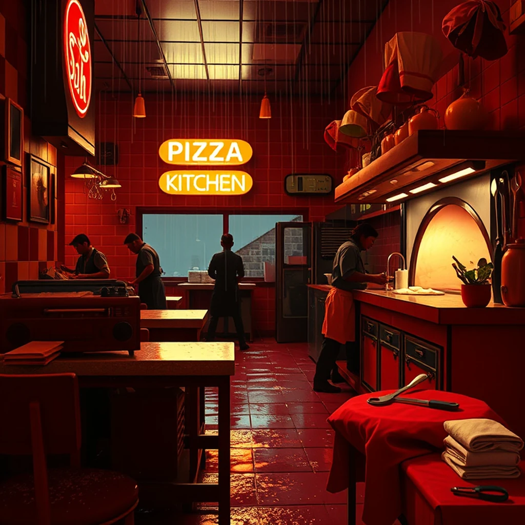 Image A of the puzzle: 1970s italian pizzeria kitchen with wood-fired oven and dough hooks