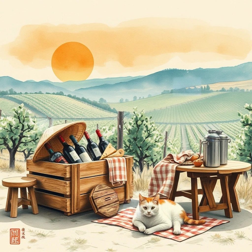 Image B of the puzzle: 1970s italian vineyard summer picnic with straw hats and wooden crates