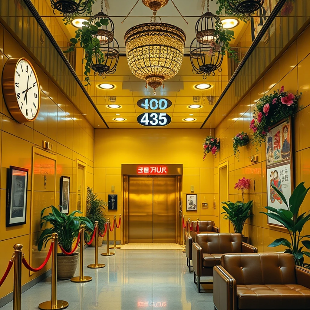 Image A of the puzzle: 1970s Japanese department store elevator lobby with velvet ropes and brass
