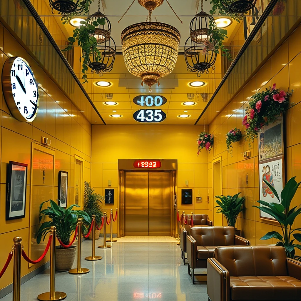 Image B of the puzzle: 1970s Japanese department store elevator lobby with velvet ropes and brass