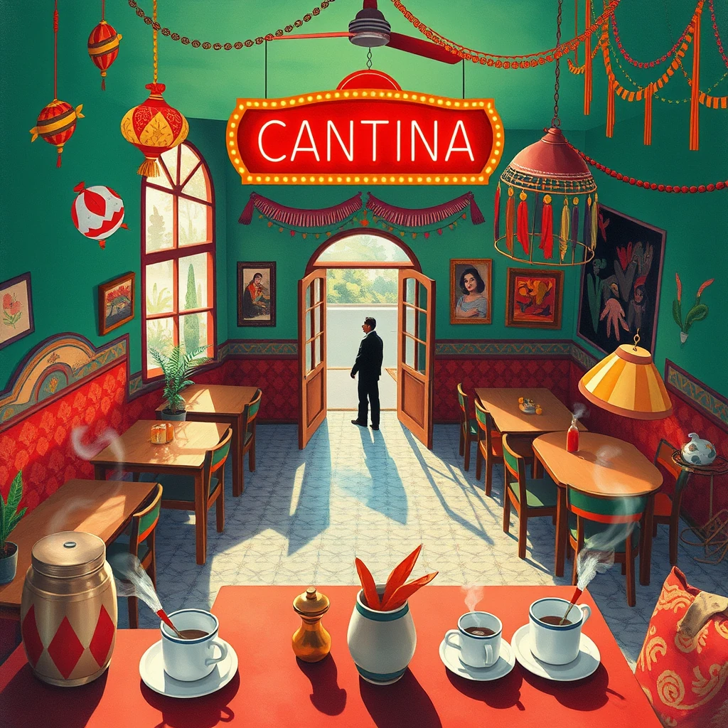 1970s mexican cantina interior with piñatas and sombreros