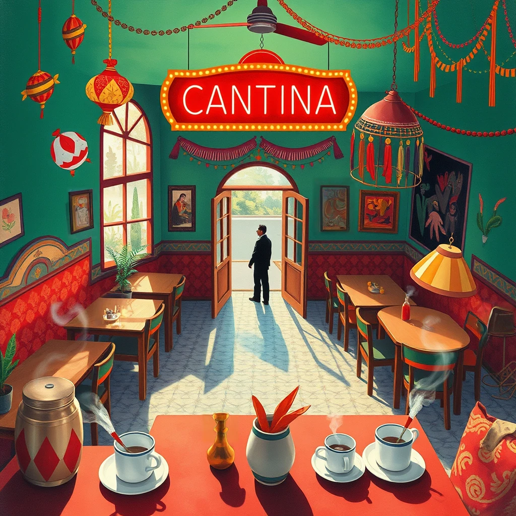 Image B of the puzzle: 1970s mexican cantina interior with piñatas and sombreros