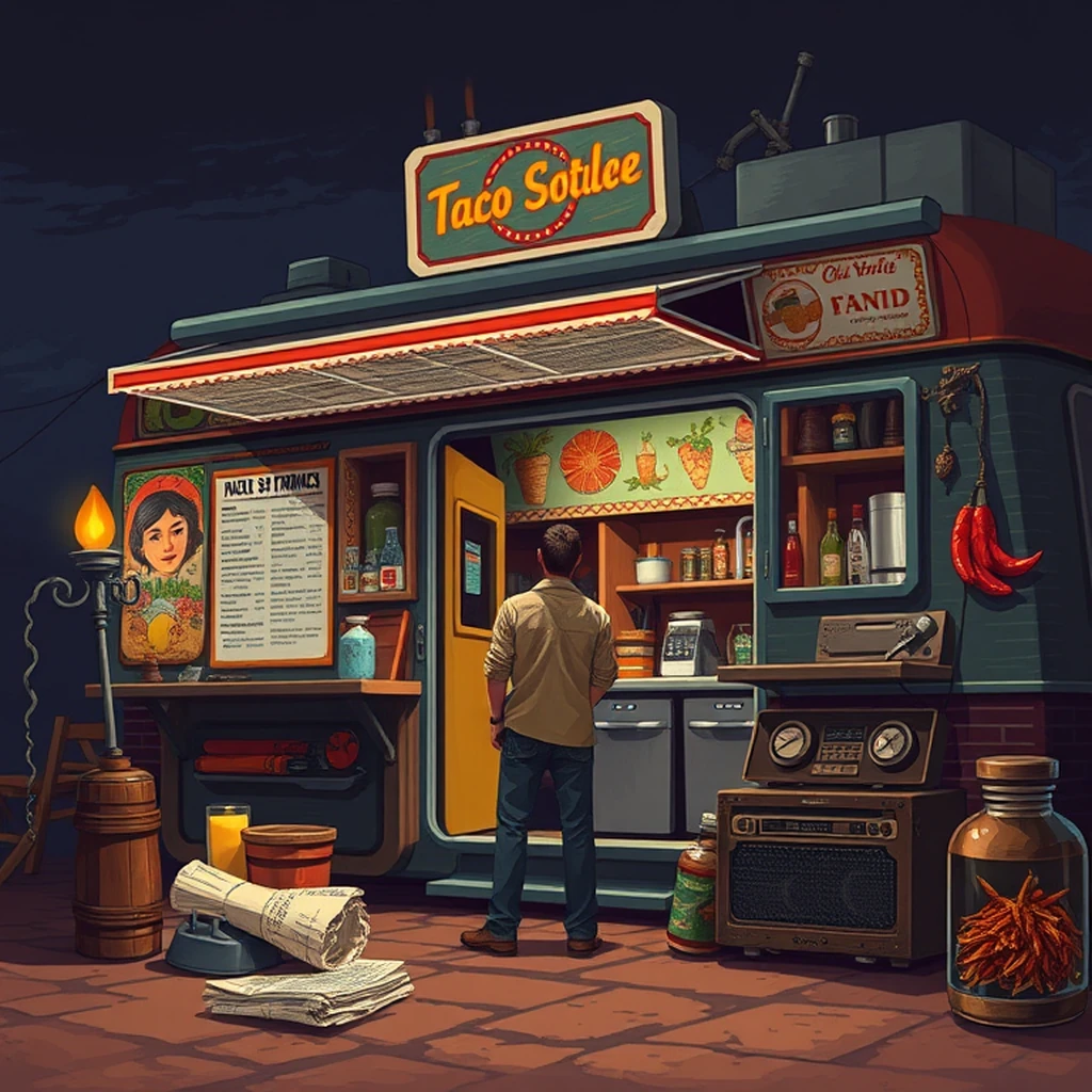 Image A of the puzzle: 1970s mexican taco truck serving station with colorful murals and menus
