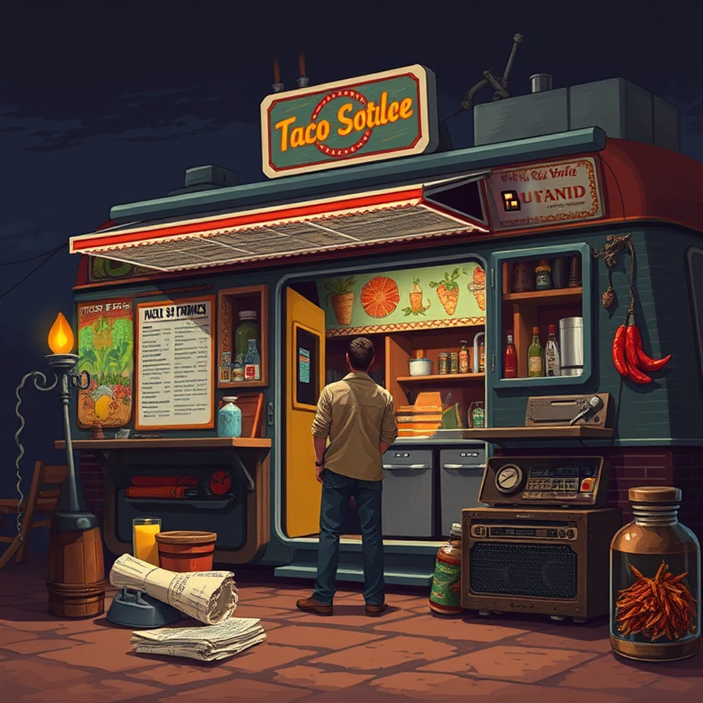 Image B of the puzzle: 1970s mexican taco truck serving station with colorful murals and menus