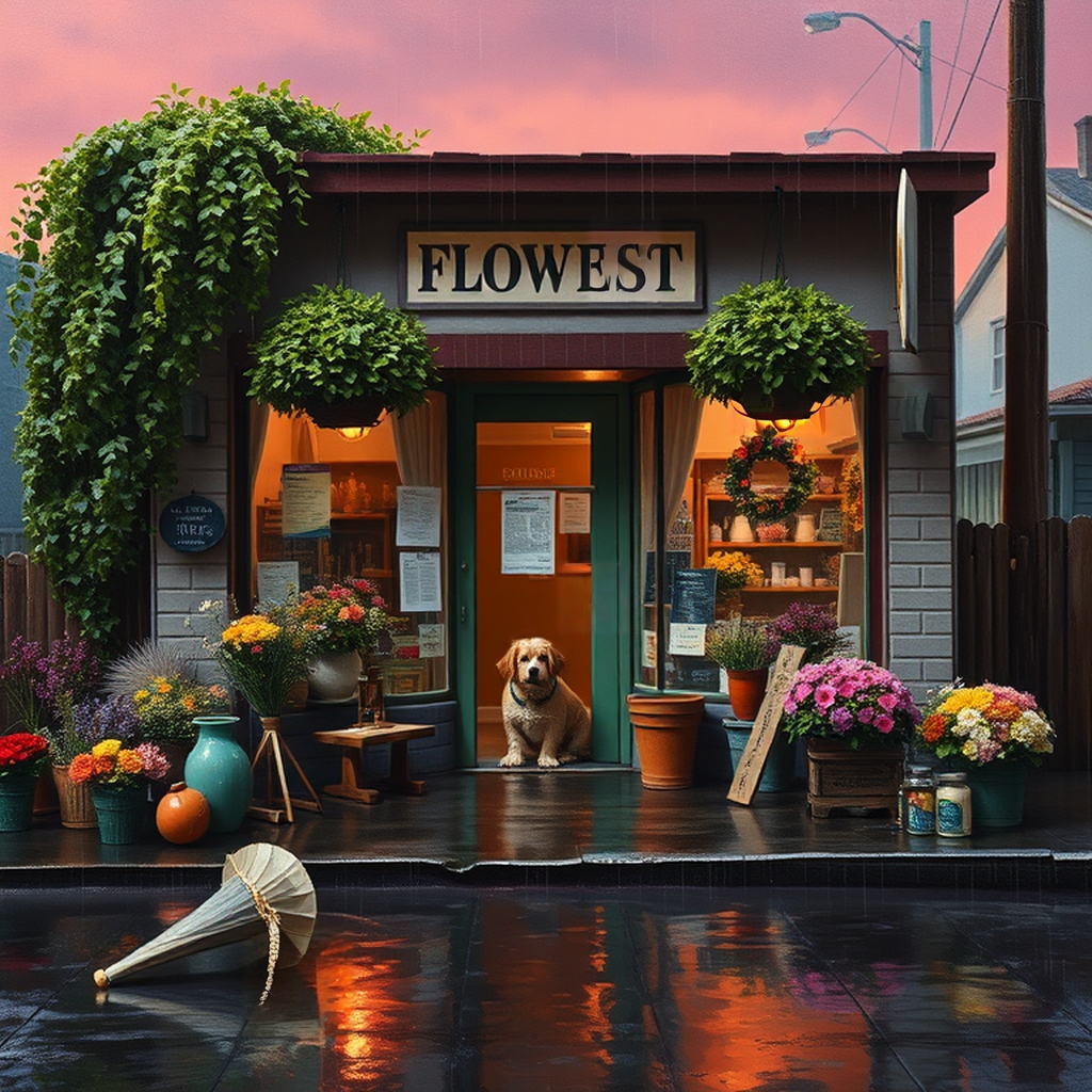 Image B of the puzzle: 1970s neighborhood florist shop with hanging baskets and bouquets