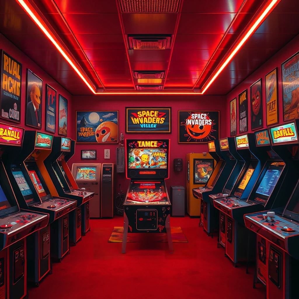 Image A of the puzzle: 1970s retro arcade game room with CRT glow
