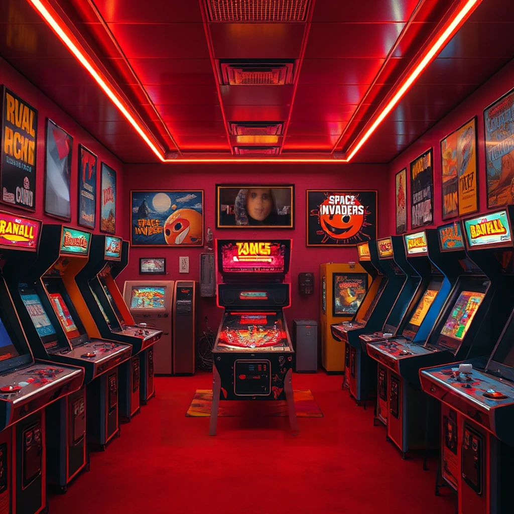 Image B of the puzzle: 1970s retro arcade game room with CRT glow