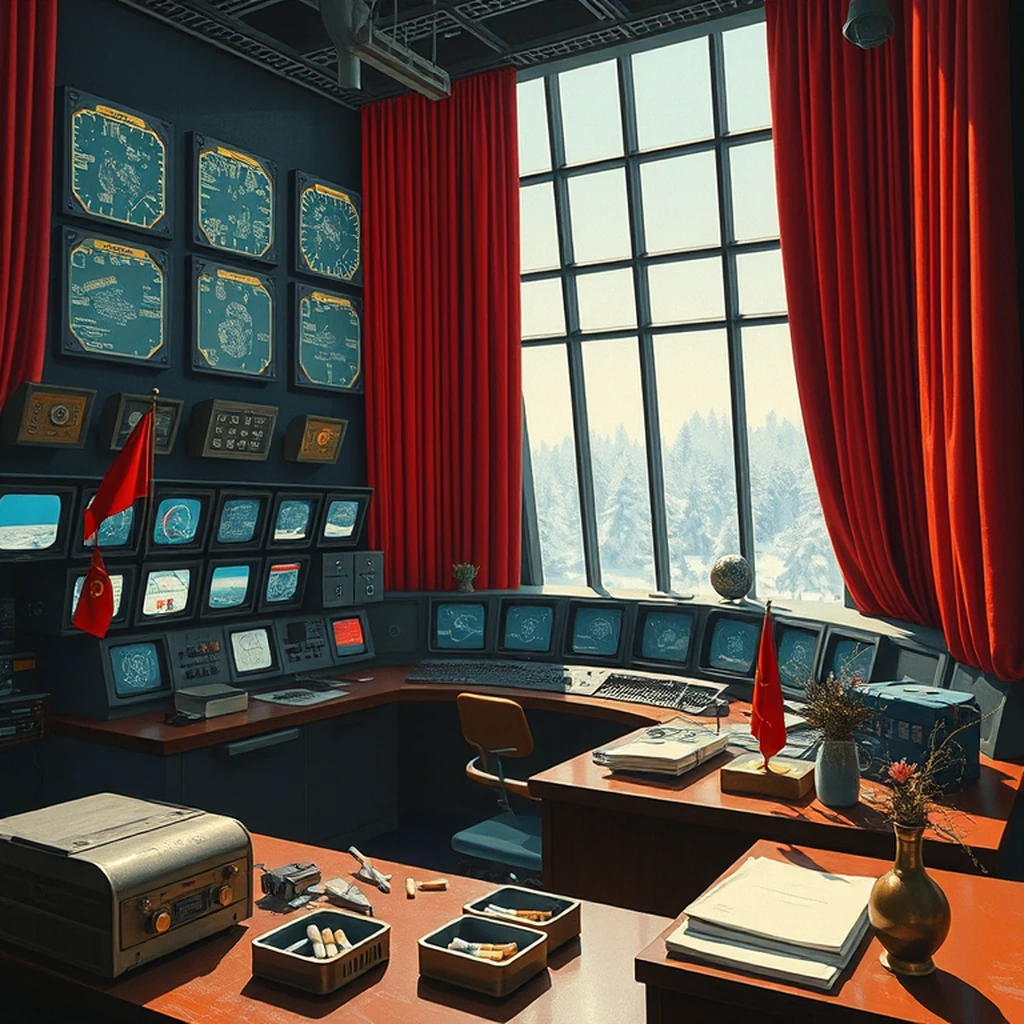 Image A of the puzzle: 1970s russian space control center with red drapes and monitors