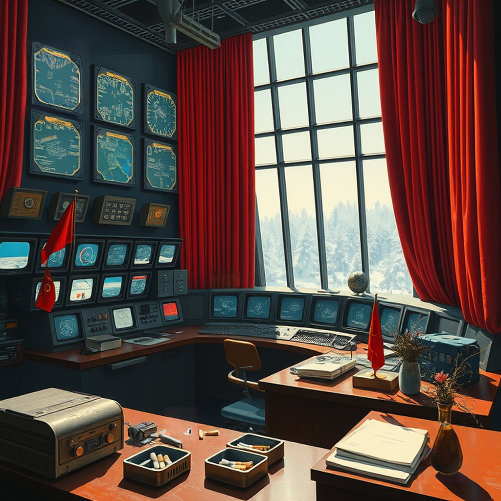 Image B of the puzzle: 1970s russian space control center with red drapes and monitors