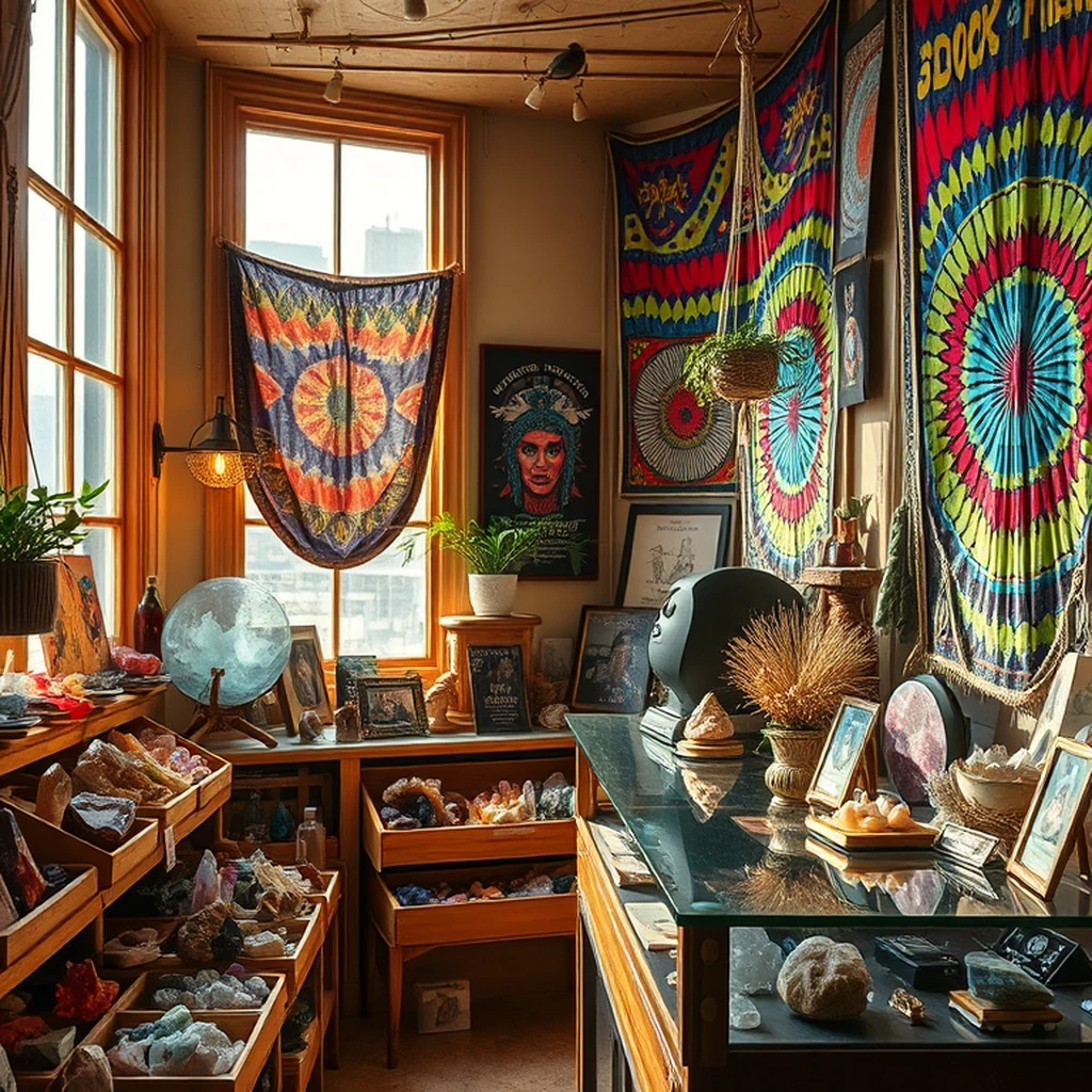 Image A of the puzzle: 1970s San Francisco hippie crystal shop with tie dye tapestries and incense
