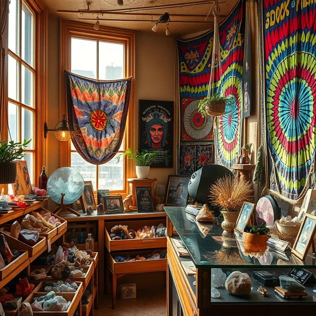 Image B of the puzzle: 1970s San Francisco hippie crystal shop with tie dye tapestries and incense